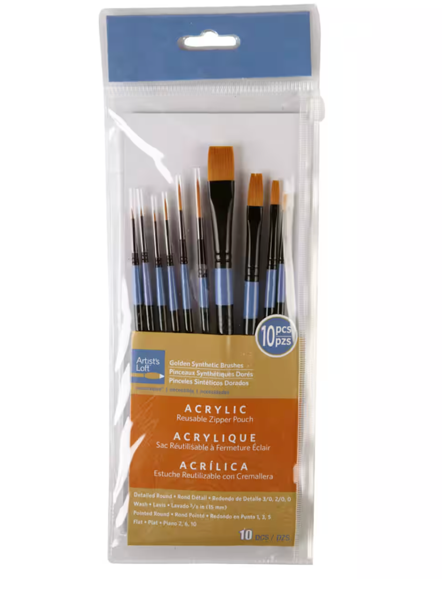 10 Piece Golden Synthetic Acrylic Brushes By Artist's Loft® Necessities™